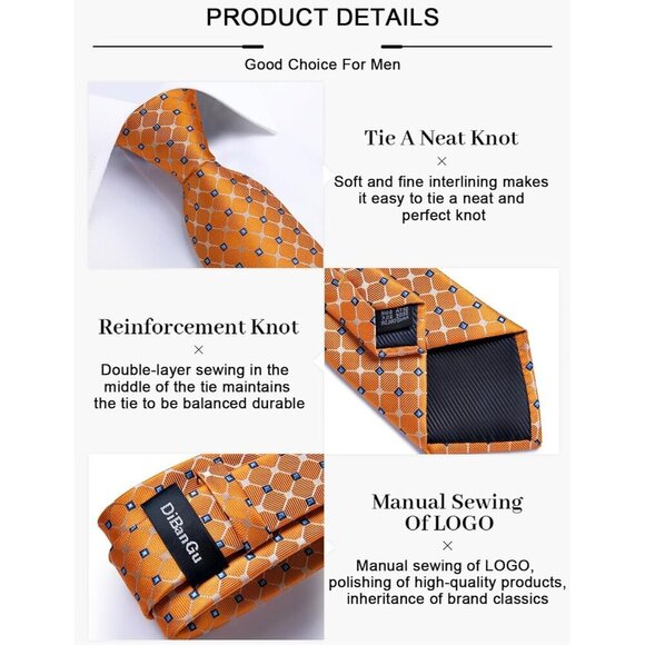 🆕Men Orange Plaid Silk Checkered Necktie Pocket Square Cufflinks Tie Clip Set - Picture 5 of 6